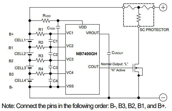 Application Circuit Diagram - Nisshinbo NB7400GH 2-/4-Serial Cell Battery Protection IC